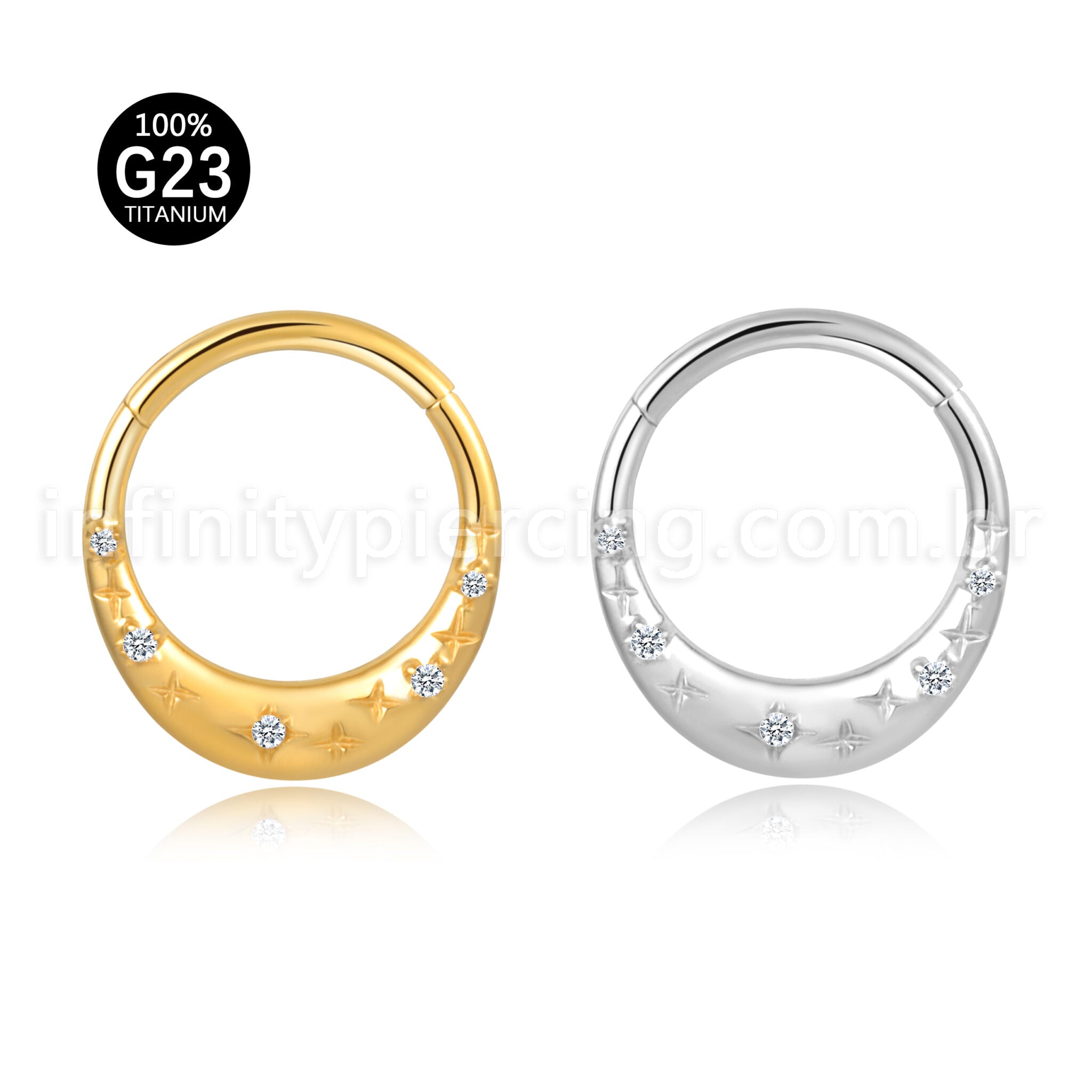 Piercing Argola Titânio Segmento Articulado Zircônia Detalhes Estrelas